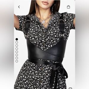 Disturbia Black Leather Wrap Around Tie Harness with Silver Hardware